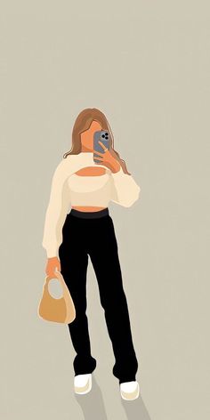 a woman is taking a selfie with her cell phone while holding a handbag