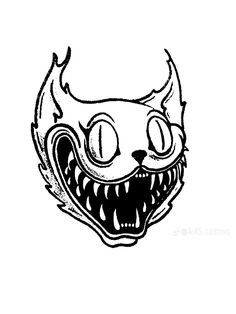 a black and white drawing of an evil cat's face with fangs on it