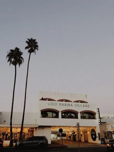 palm trees line the street in front of a white building with lights on it's sides