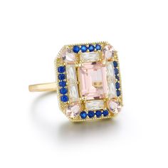 The Sapphire Morganite 1930s Cocktail ring features lab created Morganite, Sapphire & White Topaz gemstones on a vintage rectangle setting. Art deco inspired, she makes a statement with a mix of fancy gemstone cuts; baguettes, pear cut, emerald cut. The setting is comfortable, low profile and sits flush to the finger. Get ready for compliments! Lab Created Gemstones: Morganite, Sapphire & White Topaz Metal: 14k Gold Vermeil (Sterling Silver base) Dimensions: 18mm x 15mm Band Width: 1.8mm Hypoall Art Deco Cocktail, Jewelry Studio, Art Deco Inspired, Topaz Gemstone, Dream Jewelry, Pear Cut, Perfect Ring, White Topaz, Cocktail Ring