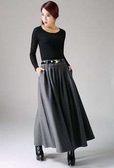 Winter wool skirt maxi skirt dark gray wool skirt (1094) Long Wool Skirt, Maxi Skirt Winter, Dark Grey Skirt, Rok Outfit, Ruffle Maxi Skirt, Maxi Skirt Outfits, Pleated Long Skirt, Womens Skirts, Womens Maxi Skirts