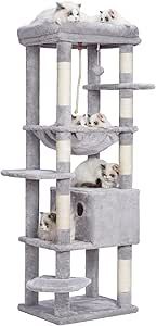 a cat tree with several kittens on it's top and two cats laying in the bottom