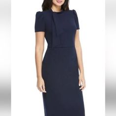 Navy Midi Length Dresses For Office, Elegant Navy Midi Dress For Work, Navy Fitted Midi Dress For Formal Occasions, Blue Fitted Career Dress, Blue Sheath Dress For Work, Elegant Navy Dress For Office, Elegant Navy Office Dress, Classic Navy Dress For Workwear, Elegant Blue Midi Dress For Office Wear