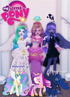 three little pony dolls standing next to each other in front of a wall with the caption my little pony