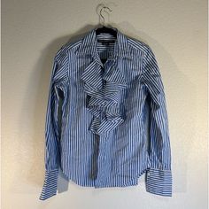 New Without Tag Never Worn Minimalist & Classy & Elegant Ralph Lauren Sport Navy & White Pinstripe Iconic Button Up Shirt With Elegant Ruffle Detail Perfect For Day-To-Day Work & Casual Outings & Fancy Cocktail Events This Classic Top Will Complete Your Quiet Luxury Look Ralph Lauren Fitted Striped Top, Spring Striped Ralph Lauren Top, Fitted Striped Ralph Lauren Top, Fitted Ralph Lauren Blouse For Spring, Striped Ruffle Tops For Work, Ralph Lauren Striped Shirt For Spring, Ralph Lauren Fitted Striped Shirt, Ralph Lauren Cotton Blouse For Spring, Chic Ralph Lauren Summer Blouse