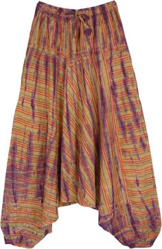 A comfortable and loose-fit pair of unisex drop crotch pants in a striped woven cotton fabric and purple tie-dye streaks details.  The tie-dye accents are done by hand in complementing deep purple color. #tlb #SplitSkirtsPants #TieDye #Striped #bohemianfashion #AladdinDropCrotchPants #UnisexHaremPants #FestivalPants Purple Cotton Pants For Summer, Hand Dyed Cotton Bottoms For Spring, Casual Purple Harem Pants For Summer, Hand Dyed Cotton Bottoms For Summer, Hand Dyed Cotton Summer Bottoms, Spring Hand Dyed Cotton Bottoms, Purple Cotton Bottoms For Festivals, Tie Dye Hippie Harem Pants For Summer, Purple Cotton Festival Bottoms