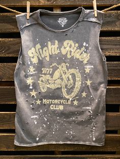 Country Deep Night Rider 1977 motorcycle club distressed acid wash with splatter detail muscle tank top available in faded black Black Distressed Crew Neck Tank Top, Distressed Crew Neck Muscle Tee For Streetwear, Black Grunge Muscle Tank Tee, Black Distressed Edgy Tank Top, Distressed Sleeveless Muscle Tee, Black Edgy Distressed Tank Top, Acid Wash Graphic Print Muscle Tee With Crew Neck, Acid Wash Distressed Sleeveless Top, Acid Wash Distressed Sleeveless Tank Top