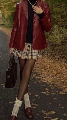 red lether jackets>>>> Cherry Red Jacket, Red Tweed Jacket Outfit, Red Leather Jacket Outfit Aesthetic, Maroon Jacket Outfit, Maroon Leather Jacket Outfit, Red Inspired Outfits, Prague Outfits, Style Red Jacket