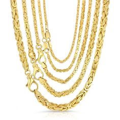 "14k Yellow Gold Byzantine Chain Classic Necklace 16\"-30\" Inches 1.7MM-4MM This solid 14k yellow byzantine gold necklace is handmade with love and is the perfect gift for that special someone. All of our items are shipped from our studio located in Los Angeles, California. ♡ WHAT'S INCLUDED ♡ - 1 Solid 14k Solid Gold Byzantine Chain ♡ MATERIALS ♡ - 14k Yellow Gold - 14k White Gold - 14k Yellow Gold ♡SIZES♡ - Use the drop down menu to select your preference. ♡ SHIPPING ♡ - Your necklace arrives Gold Byzantine Link Jewelry, Byzantine Style Box Chain Jewelry As Gift, Gold Byzantine Tarnish Resistant Necklace, Gold Byzantine Tarnish-resistant Necklace, Gold Byzantine Jewelry With Box Chain, Gold Byzantine Style Jewelry With Box Chain, Gold Byzantine Box Chain Jewelry, Byzantine Style Necklace With Box Chain Links, Yellow Gold Byzantine Necklace With Wheat Chain