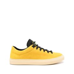 sunflower yellow calf suede round toe signature Compass motif branded leather insole leather lining flat rubber sole front lace-up fastening Modern Yellow Sneakers With Rubber Sole, Yellow Lace-up Sneakers With Stitched Sole, Modern Yellow Sneakers With Contrast Sole, Yellow Leather Sneakers With Textured Sole, Yellow Sneakers With Stitched Sole And Round Toe, Yellow Sneakers With Leather Sole And Round Toe, Mustard Leather Lace-up Sneakers, Yellow Sneakers With Textured Sole And Round Toe, Modern Yellow Sneakers With Vibram Sole