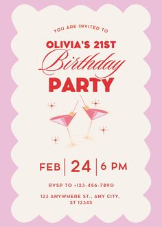 a pink and white birthday party card with two martinis