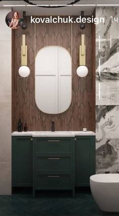 an image of a bathroom setting with green cabinets and white fixtures on the countertop