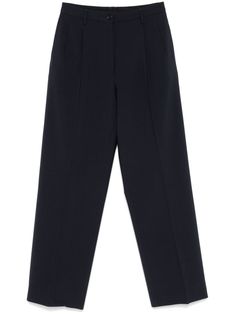 navy blue interlock weave tailored design front button and zip fastening belt loops pleat detailing two side slit pockets rear button-fastening pocket straight leg Tailored Design, High Rise Pants, Tailored Trousers, Straight Pants, Trouser Pants, Straight Leg, Pants For Women, Navy Blue, Trousers