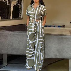 Women's Autumn Printed Short-sleeved Shirt Trouserscasual Set Wide Leg High Waist Pants, Two Piece Outfits Pants, High Waisted Pants Outfit, Wide Leg Pants Outfit, 2piece Outfits, Leg Pants Outfit, Casual Wear Women, Two Piece Pants Set, Classy Casual Outfits