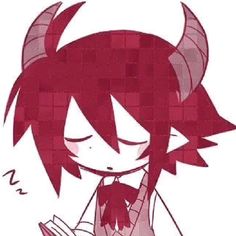 an anime character with red hair and horns on her head, reading a book in front of