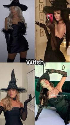 four different pictures of women dressed up in witches costumes and holding cell phones with captions that read witch