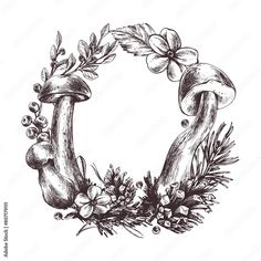 a drawing of a wreath with mushrooms and flowers in the shape of a letter o