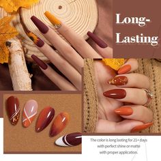 Bring the changing of the seasons to your fingertips with this perfect autumn-winter gel nail polish set! From the vibrant reds of fall leaves, to the frosty blues and whites of winter, express the beauty of nature's palette on your nails. Fall Color Nail Polish Shades, Color Nails 2024, Gel Nail Colors For Fall, Orange Thanksgiving Nails, Nail Fall Colors, Nail Colors For Thanksgiving 2024, Gel Nail Polish Colors Set, Fall Color Nails Gel, Fall 24 Nail Colors