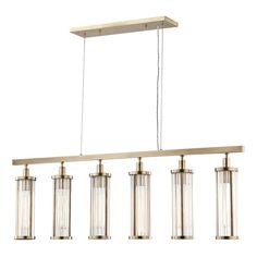 a rectangular light fixture with four lights hanging from it's sides and three glass cylinder shades