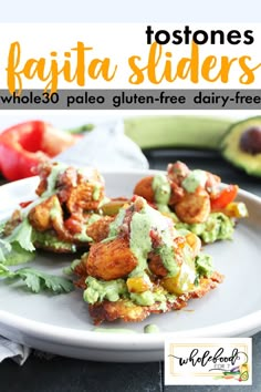 an image of some food on a plate with avocado and tomatoes in the background