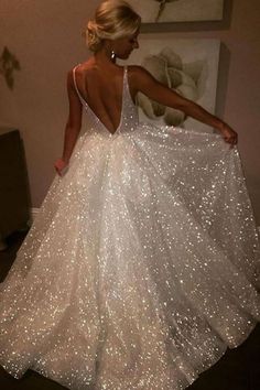 Sparkly V Neck White Long Prom Dress Ball Gown Ivory Prom Dresses, Ivory Lace Wedding Dress, Plus Size Prom, Backless Prom Dresses, Custom Size Dresses, Ivory Wedding Dress, Prom Formal, Plus Size Prom Dresses, Maxi Robes