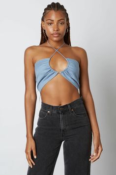 Cute Slate Blue Top - Halter Top - Crop Top - Convertible Top | Boho Pink Cross-tied Backless Halter Top For Summer, Summer Backless Top With Crisscross Straps, Summer Halter Top With Crisscross Straps And Backless Design, Summer Backless Halter Top With Crisscross Straps, Summer Backless Tops With Crisscross Straps, Chic Triangle Halter Top For Beach Season, Vacation Triangle Halter Top With Crisscross Straps, Vacation Halter Top With Crisscross Straps, Spring Halter Neck Top For Beach Party