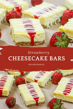 strawberry cheesecake bars with strawberries on top