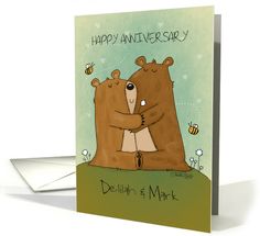 a couple of bears hugging each other on top of a greeting card with the words happy anniversary