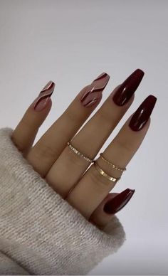 Nails Burgandy Design, Nail Inspiration Minimalist, Acrylic Maroon Nails, Deep Burgundy Nail Designs, Ambraee Nails, Fall Graduation Nails, Red Acrylic Nail Designs Ideas, Red And Maroon Nails, Different Color Brown Nails