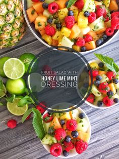 fruit salad with honey lime mint dressing and fresh fruits in bowls on a wooden table