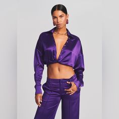 Retrofete Parker Shirt Sold Out On Website! Elegant Cropped Shirt, Chic Purple Tops For Evening, Chic Purple Evening Tops, Purple Silk Top For Formal Occasions, Formal Purple Silk Top, Purple Silk Evening Blouse, Purple Silk Party Tops, Purple Satin Party Top, Elegant Purple Shirt For Party