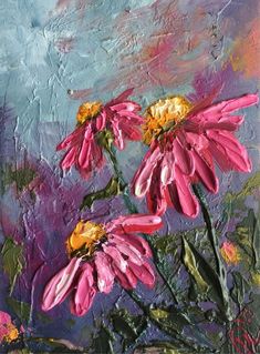 an oil painting of pink flowers on a purple background