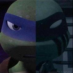 two different images of teenage mutant ninja turtles, one with blue eyes and the other with green