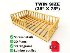 the twin size bed frame is made out of wood and has three sections for each side