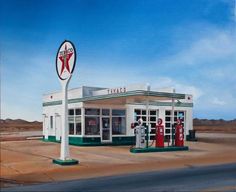 an oil painting of a gas station