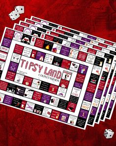 a board game with dices on it and the words tipsy land written in red