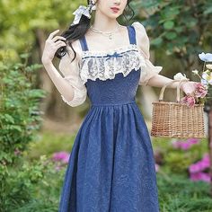 Cottagecore, Fairycore, Princesscore, Witchcore Dresses at Deer Doll Grandmacore Aesthetic, Witch Cottagecore, Blue Cottagecore, Retro Fairy, Classic Midi Dress, Romantic Silhouette