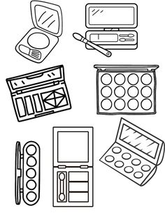 coloring pages with different types of makeup and other things to draw on the page, including brushes