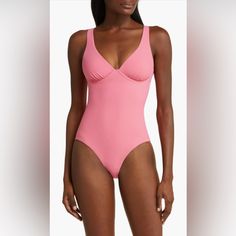 Get Back To The Classics When You Step Out And Lounge By The Water In This Solid One-Piece With A V-Neck And Supportive Underwire Cups. Uniquely Engineered To Sculpt And Shape, Sculpteur Matte Fabric Is Sutainably Made In Italy With Exceptional Chlorine Resistance, Fade Resistance And Upf 50+ Protection. Moderate Back Coverage Upf 50+ Sun Protection Lined 59% Polyamide, 41% Lycra Spandex Hand Wash, Dry Flat Imported Oeko-Texcertified Materials Free Of Harmful Substances Brand New No Original Tag Elegant One-piece Bodysuit For Pool, Elegant Pink Bodysuit For Beach, Elegant Pink Bodysuit For Swimming, Elegant Sleeveless Bodysuit For Poolside, Elegant Pink Swimwear For Pool, Elegant Pool Bodysuit, Elegant Pink Swimsuit, Elegant Pink Bodysuit For Summer, Elegant Swimming Bodysuit