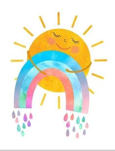 a watercolor drawing of a smiling sun with rainbows and rain drops around it