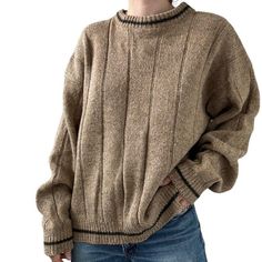 Vintage Mens Alps Tab Wool Ribbed Oversized Cozy Chunky Sweater Sz XL Size XL Color: tan with green trim  Material: wool (feels like 85% wool, 15% nylon) Ribbed  Excellent vintage condition  Collar to hem: 26"  Pit to pit: 26"  Sleeve: 24"  Modeled on a medium/size 6/ 5 foot 7/ 140lbs/ 34 C/ 28" inch waist Cozy Brown Sweater With Ribbed Collar, Oversized Beige Sweater With Ribbed Collar, Oversized Brown Sweater With Ribbed Collar, Winter Khaki Sweater With Relaxed Fit, Brown Oversized Vintage Sweater, Khaki Relaxed Fit Sweater For Winter, Oversized Brown Vintage Sweater, Khaki Relaxed Fit Winter Sweater, Cozy Khaki Winter Sweater