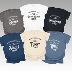 six t - shirts with different sayings on the front and back, all in various colors