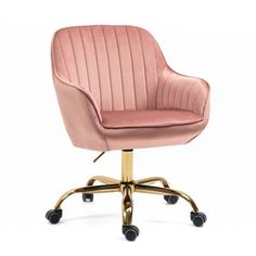 an office chair with wheels and a pink velvet upholstered seat, viewed from the front