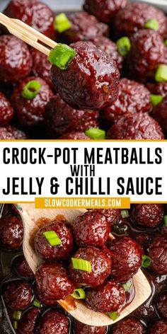 Close up of meatballs with grape jelly and chili sauce over a slow cooker being held by a toothpick and wooden spoon. Meatballs With Jelly, Grape Jelly Chili Sauce Meatballs, Heinz Chili Sauce Recipe, Meatballs Grape Jelly Chili Sauce, Meatballs With Grape Jelly, Grape Jelly Chili Sauce, Chili Sauce Meatballs, Sweet Meatballs, Grape Jelly Meatballs Recipe