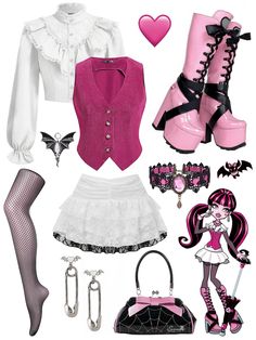 a collage of pink and white outfits, including high heeled boots, tights, gloves, purse, handbag