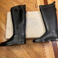 Black Burberry Rain Boots! Never Worn! Black Waterproof Riding Boots, Burberry Boots, Burberry Rain Boots, Burberry Plaid, Black Rain Boots, Burberry Classic, Black Rain, Black Riding Boots, Burberry Vintage