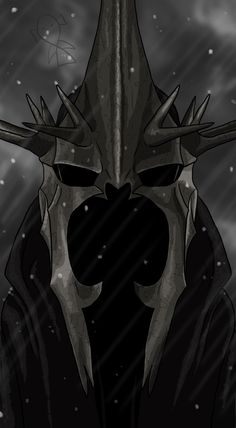 a black and white drawing of a demon with horns on it's head in the rain