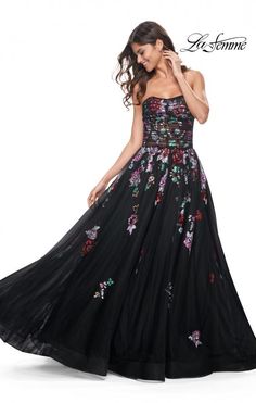 La Femme 32072 Strapless floral embellished evening gown with a layer of tulle over the print. Illusion bodice with exposed boning. Back zipper closure. Floral Embellished Ball Gown Evening Dress, Evening Gown With Floral Applique For Prom Season, Floral Applique Gown For Prom Season Evening, Floral Applique Gown For Evening Prom, Formal Tulle Evening Dress With Floral Applique, Prom Ball Gown Evening Dress With Floral Applique, Prom Ball Gown With Floral Applique, Floral Print Gown With Fitted Bodice For Gala, Tulle Evening Dress With Floral Applique