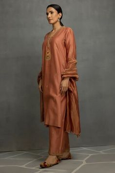 Light brown kurta with sequin and thread embroidery. Paired with a pant and scallop trimmed dupatta. - Aza Fashions Traditional Straight Pants Sharara For Festive Occasions, Festive Sharara With Resham Embroidery, Diwali Kurta With Dupatta And Straight Pants, Festive Kurta With Zari Work And Straight Pants, Festive Kurta With Zari Work, Festive Anarkali Salwar Kameez With Straight Pants, Festive Palazzo Set With Dupatta And Straight Pants, Festive Embroidered Traditional Wear With Straight Pants, Festive Embroidered Traditional Straight Pants