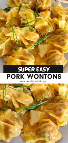 Close up of cooked plate of wontons with captions Pork Bun Recipe Easy, Wonton Wrapper Recipe, Pork Wonton Recipes, Won Ton Recipes, Easy Dumpling Recipe, Homemade Chinese Dumplings, Wonton Filling Recipes, Pork Wonton Recipe, Pork Dumplings Recipe